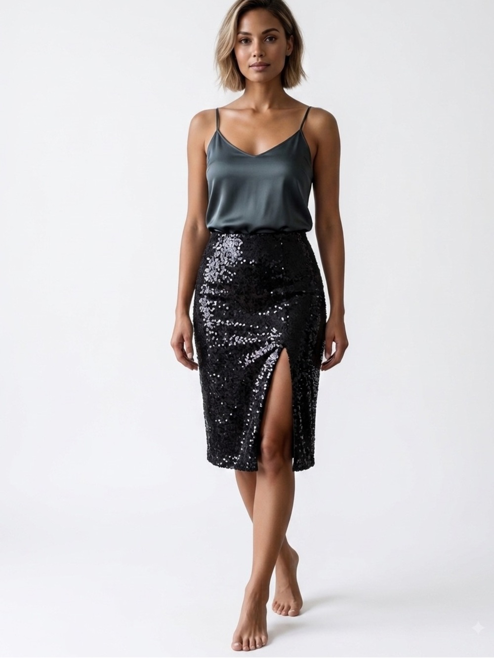 LUSH Black Sequin Front-Slit Midi Skirt - Size Small